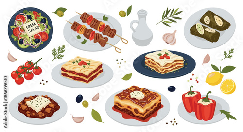 Assorted set of traditional mediterranean dishes including greek salad, kebabs, lasagna, stuffed peppers, and dolma with fresh ingredients.