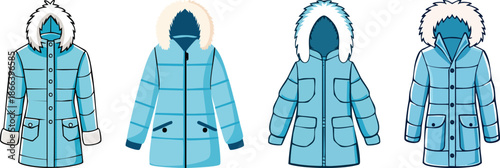 Winter parka coat with fur hood light blue bold black simple cartoon illustration