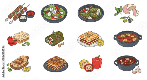 Comprehensive set of mediterranean food illustrations including salad, kebabs, lasagna, soup, and bread with fresh garnishes.