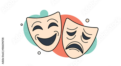 Classic comedy and tragedy theater masks with happy and sad expressions representing drama and performing arts on colorful background.