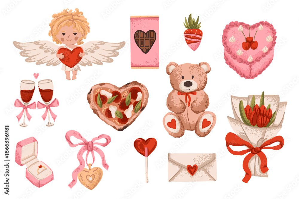 Fototapeta premium Cute Valentine Day set with heart cake, cupid and teddy bear