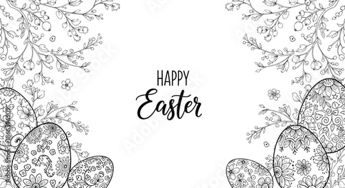 Happy easter greeting card featuring black and white line art of decorated eggs and spring floral branches.