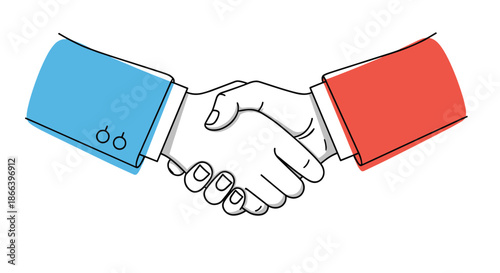 Conceptual illustration of a handshake between two people wearing blue and red suits symbolizing agreement.