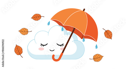 Cute sleeping cloud character sheltered by an orange umbrella surrounded by falling autumn leaves in the wind.