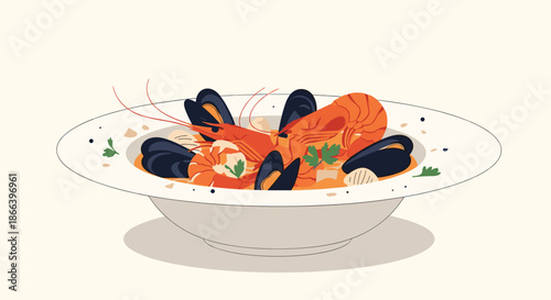 Gourmet bowl of mediterranean seafood soup featuring large shrimp and mussels in a rich savory broth.