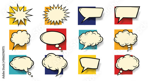 Large set of colorful comic book style speech bubbles and thought clouds for communication and dialogue design.