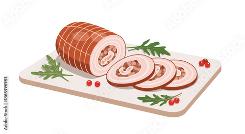 Sliced roasted meat roll stuffed with savory filling served on a board with fresh arugula and red berries.