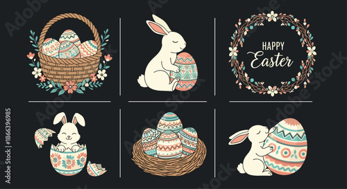 Comprehensive easter set including cute bunnies decorated eggs in a basket and a nest with a happy easter wreath.