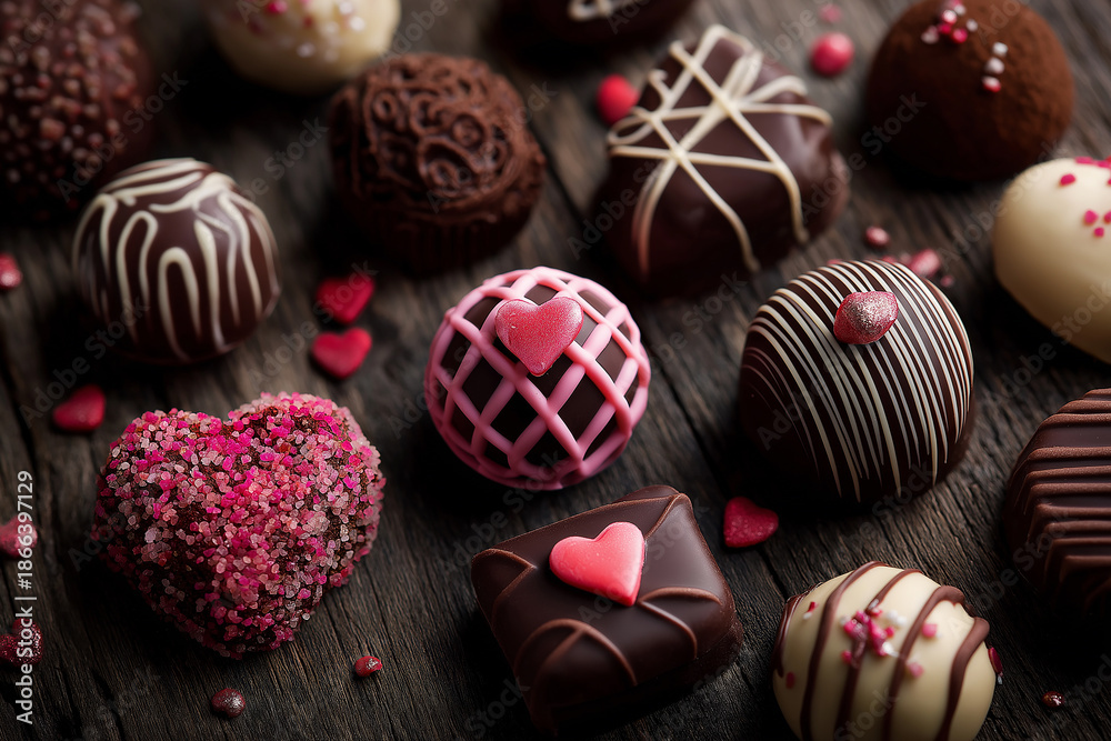 Fototapeta premium Close-up of assorted handmade chocolate truffles with heart decorations and pink sprinkles on dark wooden background, Valentine's Day dessert concept