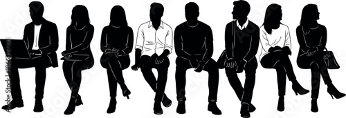 Silhouette set of diverse people sitting in a row using laptop and talking in a waiting room or office space