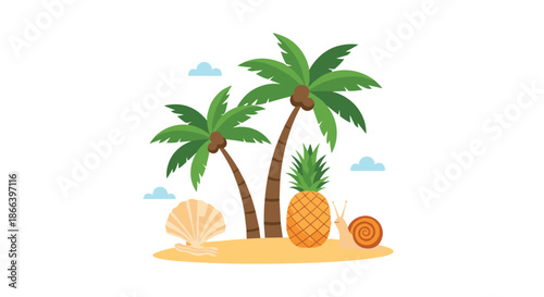 Sunny tropical island scene featuring palm trees a ripe pineapple a large seashell and a cute snail on the sand.