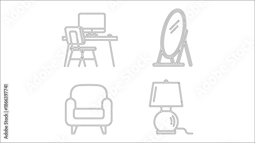 Group of four interior design icons featuring computer desk chair floor mirror armchair and table lamp for home decor