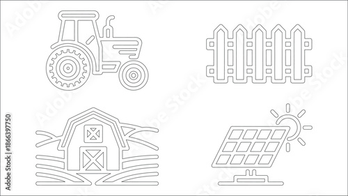 Farm themed icons including tractor fence barn and solar panel representing agriculture rural life and renewable energy