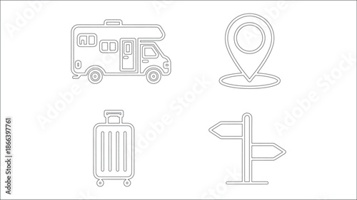 Summer and travel related icons vector set contains camper van location pin luggage and road sign perfect for holiday adventure journey
