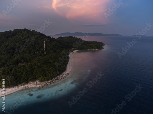 Aerial View of Lang Tengah Island Coastline at Dusk, Malaysia