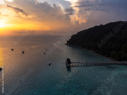 Aerial View of Lang Tengah Island Jetty at Sunset, Malaysia