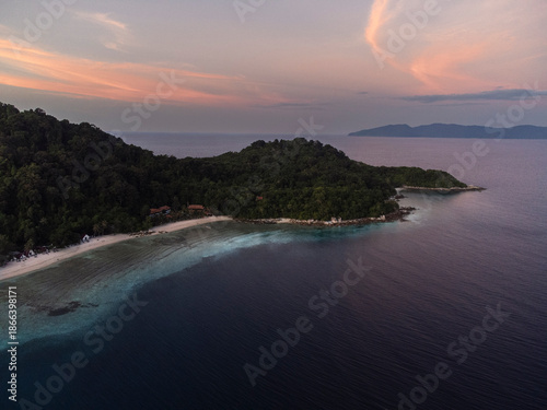 Aerial View of Lang Tengah Island and Coral Reef at Sunset, Malaysia