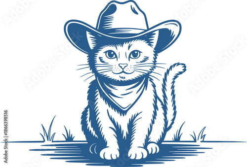 Cute cat in a cowboy hat with bandana in a classic line art style on transparent background