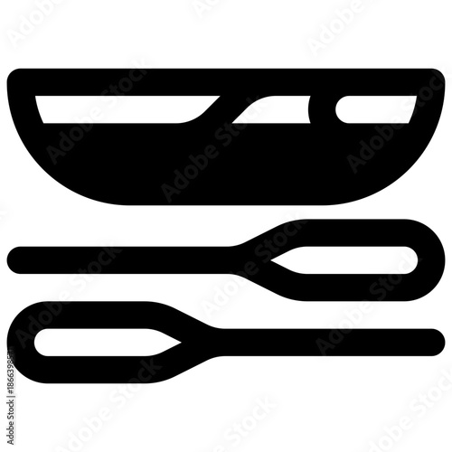 Canoe. Outlined stroke vector icon with black-filled details.