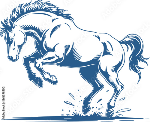 Galloping horse outline in blue color for emblem or tattoo design on transparent background