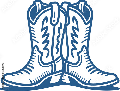 Front view cowboy boots line art vector drawing with decorative stitching and blue outlines