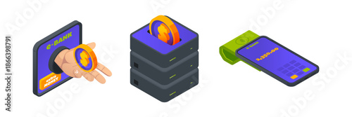 Digital income and payment set. Vector isolated isometric icons of phone with bill, data storage with coin and hand with money. Contactless payout. Transaction and wireless connection