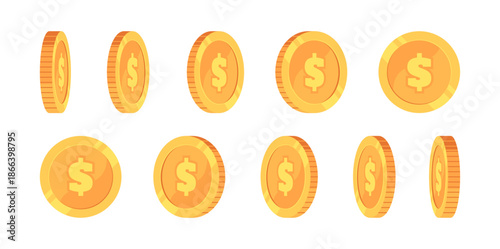 Golden dollar coins, realistic money in different sides view, top and front. Vector isolated set of precious metals, capital and banking. Capital or earning, wealth and investment interests