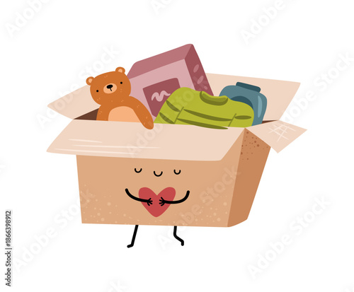 Cardboard box with items for donation. Vector in flat style, isolated parcel for poor people containing toys for children, warm clothes, food and hygiene products. Charity, supporting helping