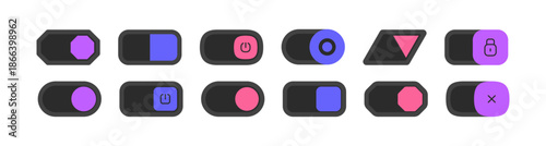 Toggle switches and push buttons collection. Vector isolated on and off sliders, block and cancel illuminated indicators. UI or UX dashboards mockups, games and playful app interfaces set