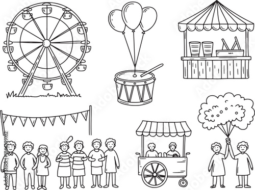 Carnival Amusement Park and Fairground Doodles Icon Bundle Set Line art