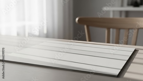 White Wooden Table with Notebook Closeup.