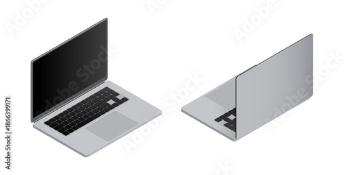Personal computer, isolated laptop for working or studying. Vector office or home workstation. Isometric gadgets for competing projects and tasks, assignments at school or university college