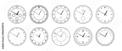 Bundle of clock dials in different monochrome styles. Vector collection of timepiece faces with Roman numerals and clean modern tick marks. Watch panels set. Decoration for home or office