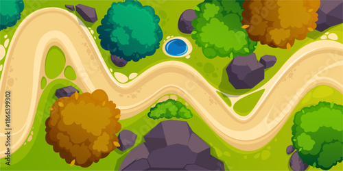 Road top view, curve dirt way. Vector mountain trail with green grass and trees, bushes and rocks around. Cartoon landscape. Rural areas, forests and undeveloped regions. Local transportation