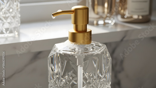 Elegant Soap Dispenser: A close-up shot of a sophisticated soap dispenser, its crystal-clear glass catching the light, with a drop suspended from the golden nozzle, embodying luxury and hygiene.