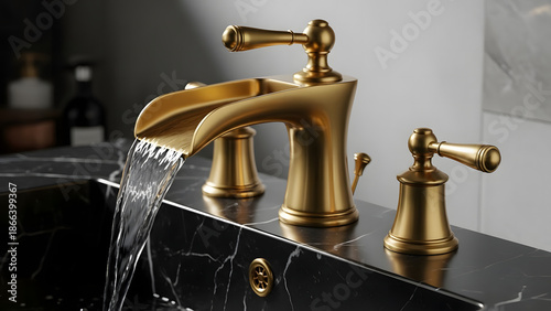 Golden Cascade: A close-up view of a luxurious, golden faucet pouring clear water into a marble sink, demonstrating elegance and sophistication.