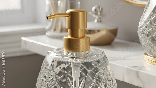 Elegant Dispenser: A close-up shot of a luxurious soap dispenser with a gleaming golden pump head, filled with liquid soap, suggesting opulence, cleanliness, and sophistication.