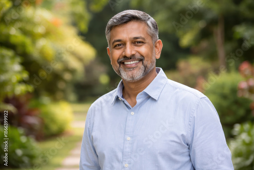 Man middle-aged Indian smile portrait standing in garden path wearing light blue shirt joyful and approachable expression in natural outdoor setting