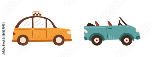 Taxi and convertible side view. Vector travel, trip and tourism. Cute vehicles for passenger transportation order. Cartoon childish transport set. Urban, city cars and automobiles collection