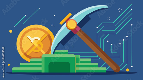 A modern, digital-looking pickaxe hitting a circuit board or coin, representing mining.