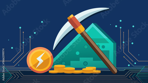 A modern, digital-looking pickaxe hitting a circuit board or coin, representing mining.