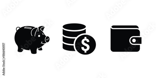 Simple black icons representing financial savings and transactions, including a piggy bank, coins with a dollar sign, and a wallet, on a plain background from a straightforward viewpoint.