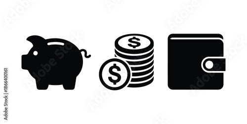Financial assets represented by piggy bank, coins, and wallet icons on a clean background from a straightforward viewpoint