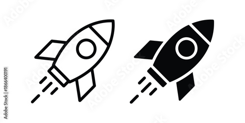 Two simple rocket ship illustrations side by side in black and white, one outlined and the other filled, against a plain background from a straightforward viewpoint