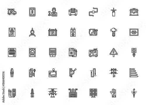 Electrician icon set. Vector toolkit symbols including control panel, toolbox, wire, generator, socket, multimeter, fuse box, solar panel and more. Editable stroke.