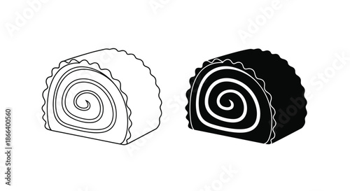 Two versions of a delicious swiss roll cake slice featuring a decorative spiral cream filling in line art and black.