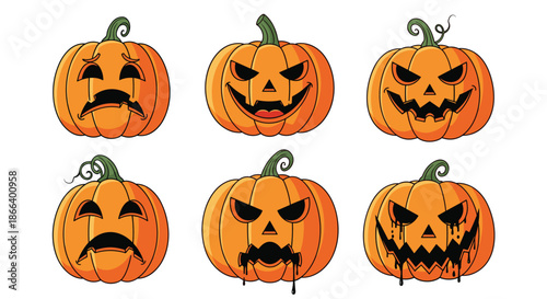 Set of six orange halloween pumpkins featuring diverse emotional expressions and spooky melting effects for a creepy festive atmosphere.