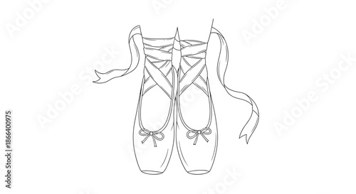 Fine line art drawing of a pair of classic ballet pointe shoes with elegant ribbons tied around the ankles for a dancer.