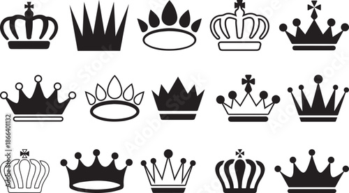 Crown Icon Set. Royal King Queen Crown Silhouette Vector Collection.
