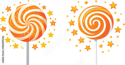 Bright orange swirl lollipop with festive stars dots playful candy illustration